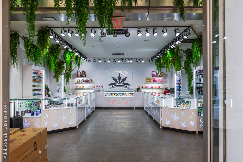 Modern cannabis dispensary interior with clean product displays
